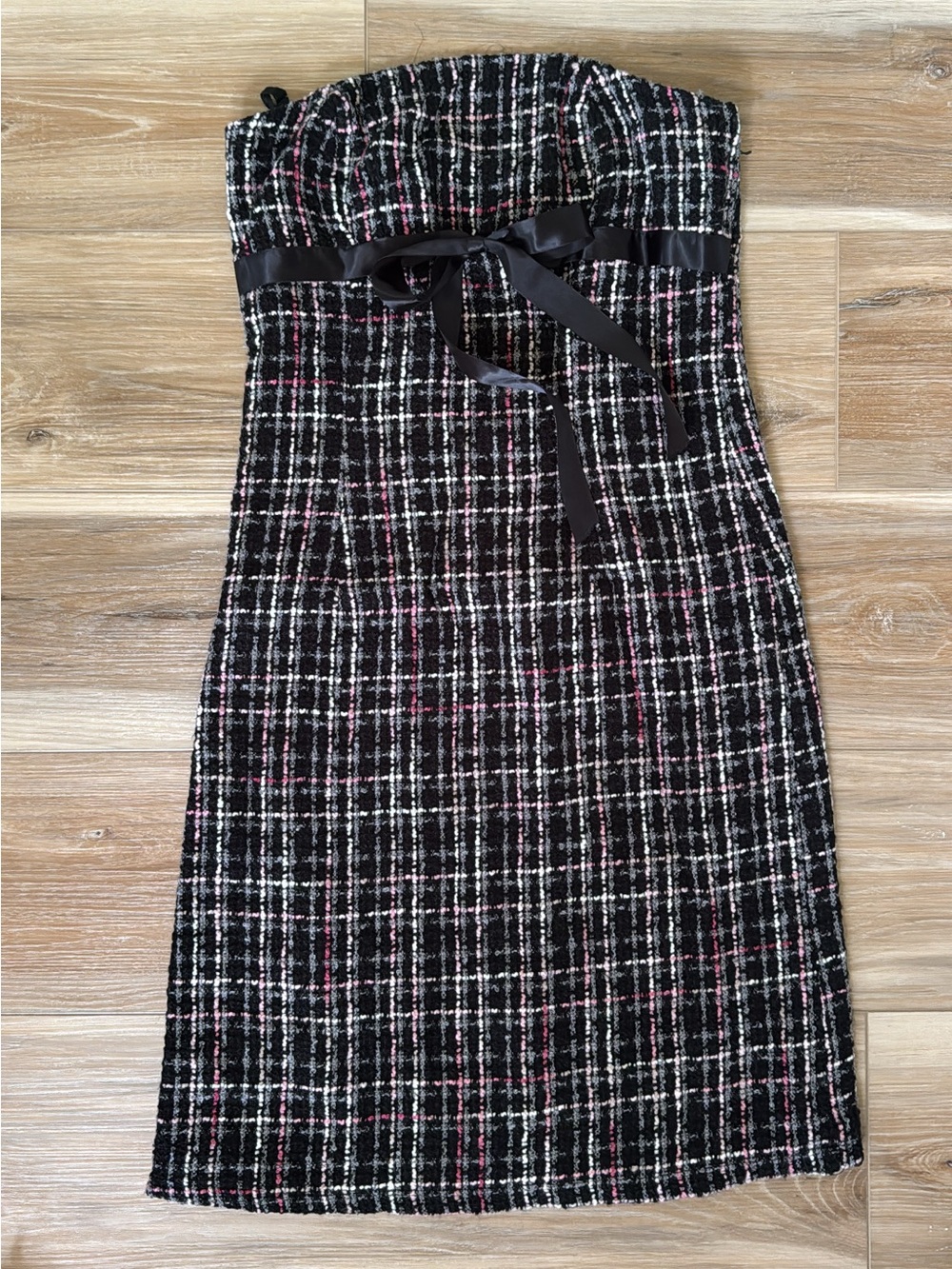 Studio Y Black Tweed Strapless Plaid Dress with Ribbon Waist Y2K